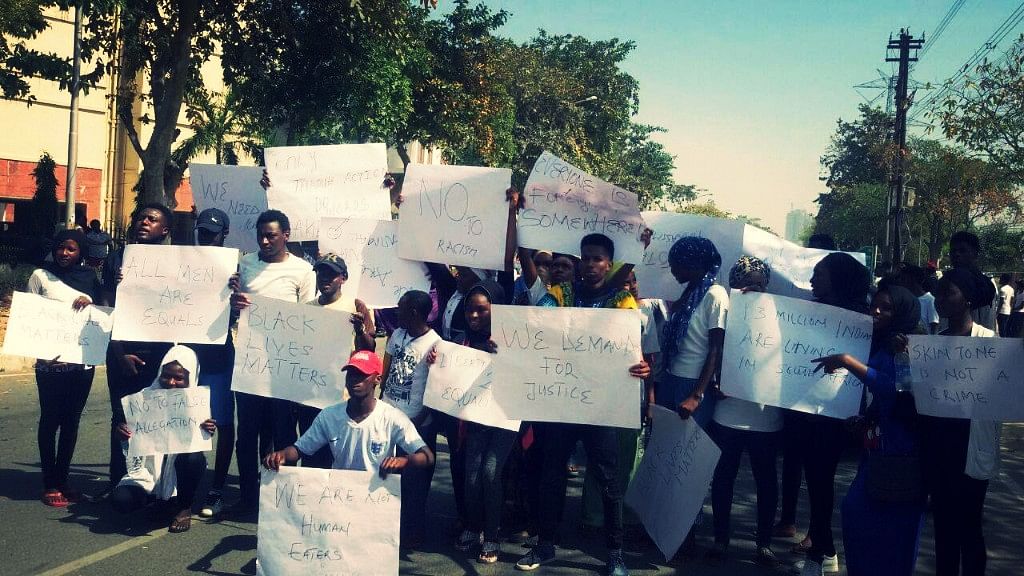 A protest by Nigerian students in Greater Noida. (Photo Courtesy: Facebook/ <a href="https://www.facebook.com/AssociationOfAfricanStudentsInIndia/">Association of African Students in India</a>)