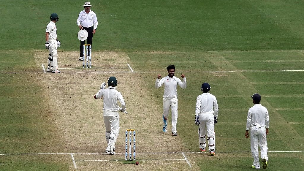 Ravindra Jadeja celebrates the dismissal of Australia’s Nathan Lyon, fourth from right, during the third day of the Bengaluru Test.&nbsp;