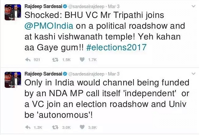 Rajdeep Sardesai had wrongly tweeted that the BHU vice-chancellor was present at a Modi roadshow in Varanasi.