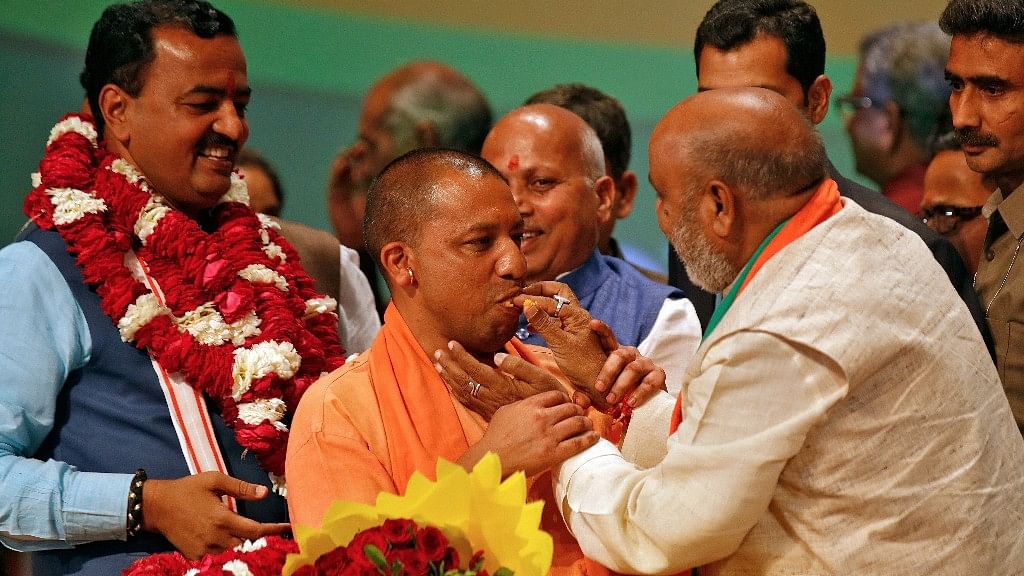 Yogi Adityanath  during the party lawmakers’ meeting in Lucknow. (Photo: Reuters)