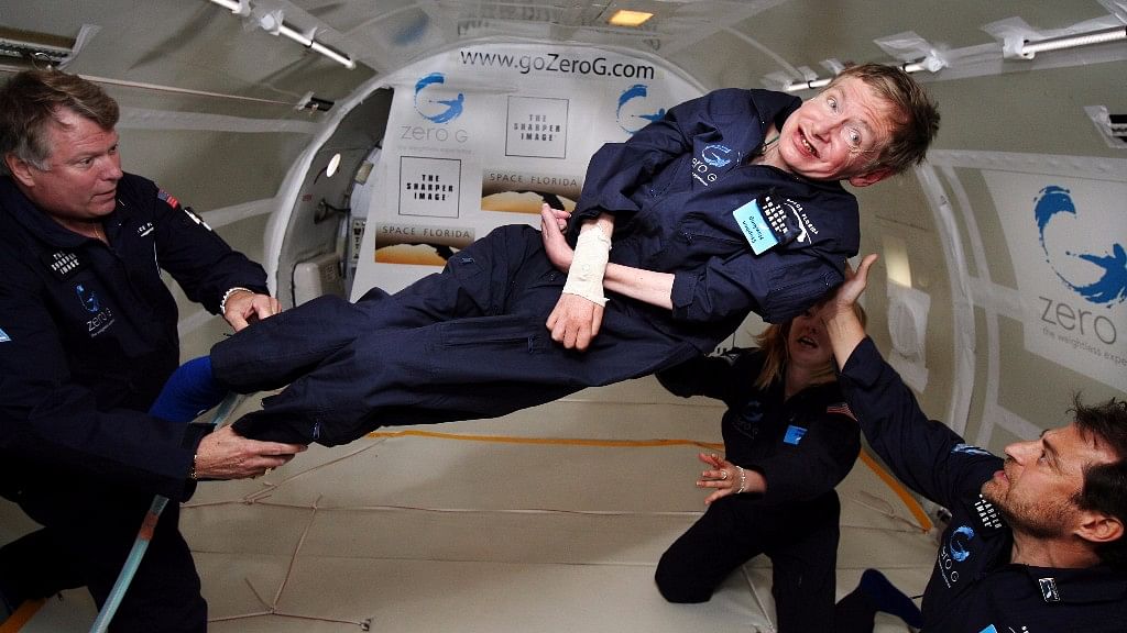Stephen Hawking taking a zero gravity test in 2007. (Photo Courtesy: <a href="https://commons.wikimedia.org/wiki/File:Physicist_Stephen_Hawking_in_Zero_Gravity_NASA.jpg">Wikimedia Commons</a>)