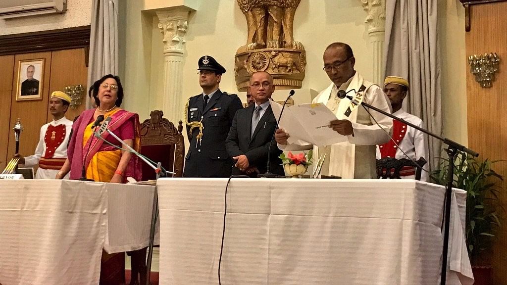 N Biren Singh being sworn in as the Chief Minister of Manipur on Wednesday (Photo: Twitter/<a href="https://twitter.com/BJP4India">@BJP4India</a>)