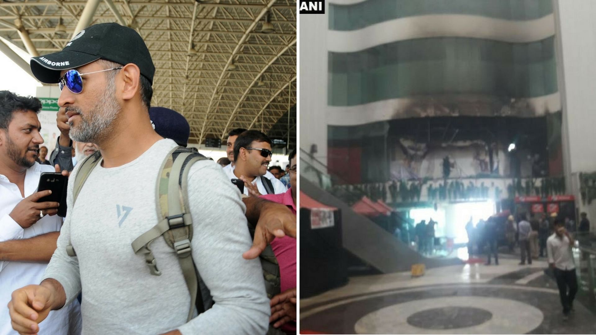 

Indian cricketer MS Dhoni at Birsa Munda International Airport in Ranchi. (Photo: Altered by <b>The Quint</b>)