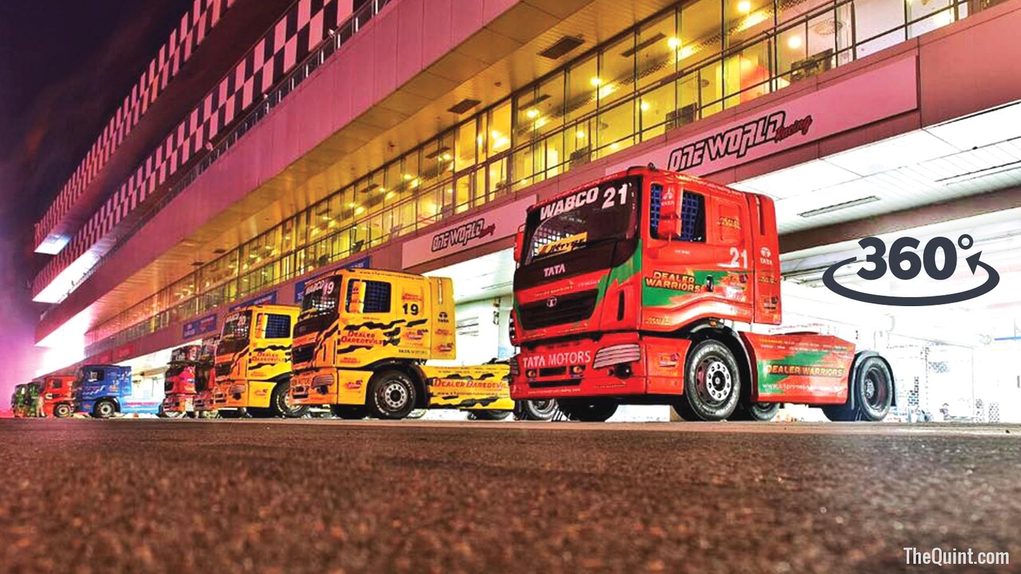 Trucks lined up for T1 Prima Truck Racing in Greater Noida. (Photo: <b>The Quint</b>)