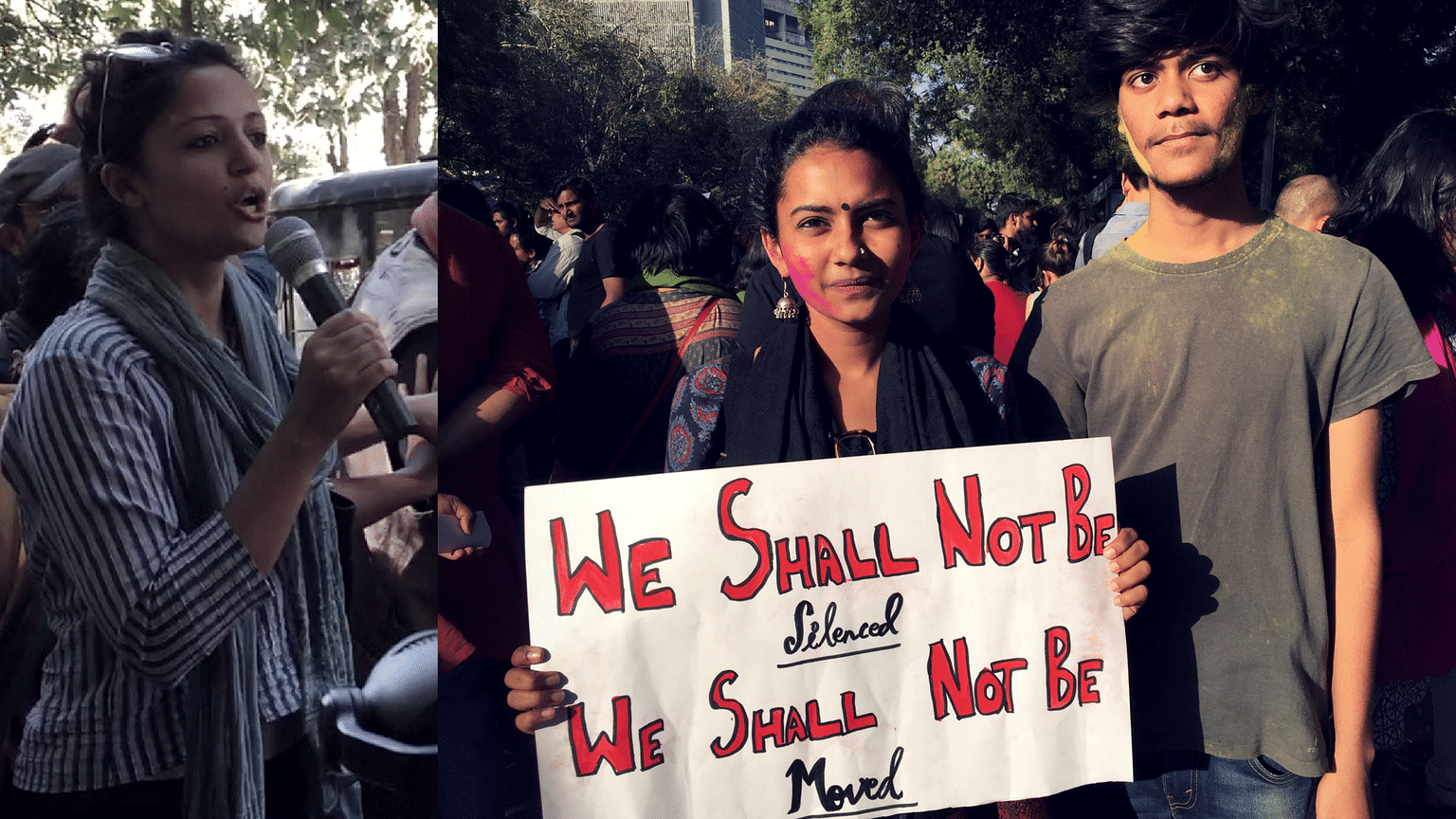 

How a Lennon song, gulaal, soap bubbles and memes sent home a strong message against violence at the anti-ABVP march (Photo: Meghnad Bose/<b>The Quint</b>)