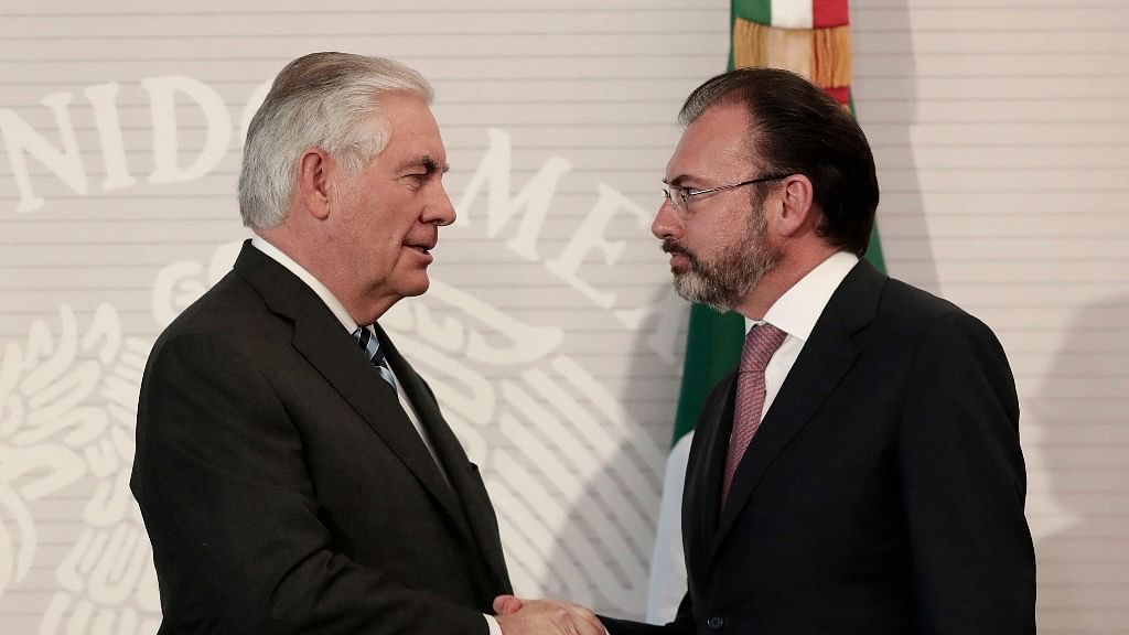 US Secretary of State Rex Tillerson (left) with Mexico’s Foreign Relations Secretary Luis Videgaray during a meeting on 23 February. (Photo Courtesy: AP)
