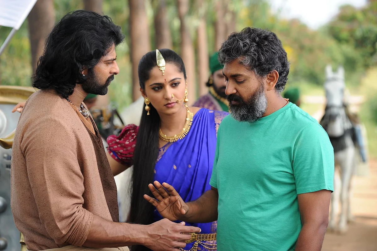 Director SS Rajamouli with Prabhas and Anushka Shetty on the sets of <i>Baahubali: The Conclusion. </i>(Photo courtesy: Arka Mediaworks)