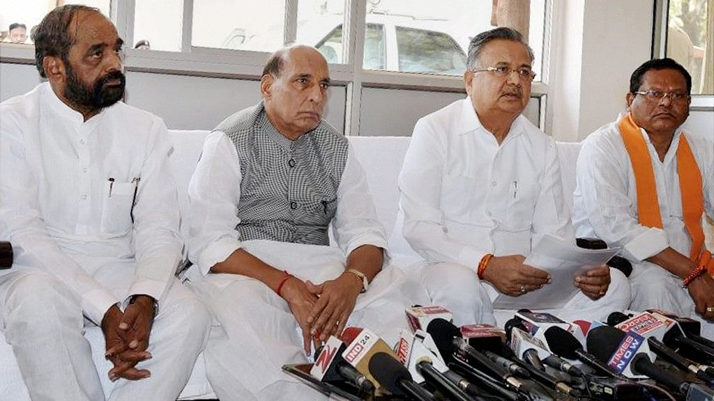 Union Home Minister Rajnath Singh with Chattisgarh Chief Minister Raman Singh address the media on the Sukma Naxal Attack in Raipur on Tuesday. (Photo: PTI)