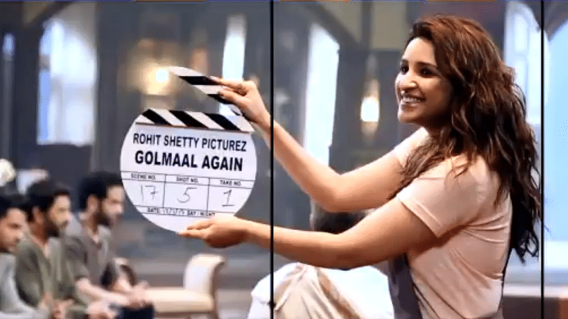 Parineeti Chopra with the clap board on the sets of <i>Golmaal Again</i>.