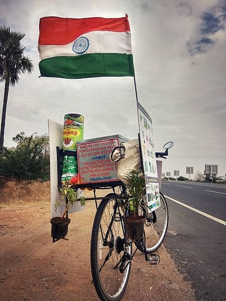 He has cycled nearly 6,000 km in over 100 days, conducting seminars about global warming in schools and colleges.