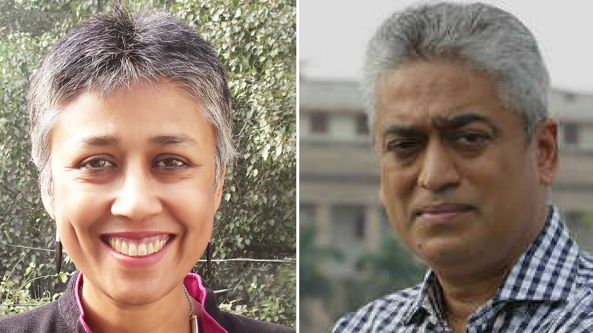 Nandini Sundar (L), Rajdeep Sardesai (R). (Photo: Altered by <b>The Quint</b>)