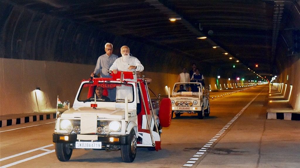 PM Modi inside the Chenani-Nashri tunnel on Sunday. (Photo: PTI)
