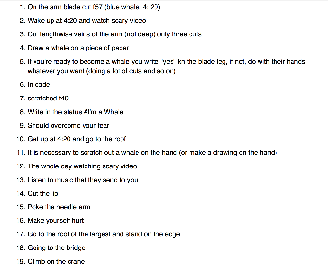 List of ‘Blue Whale’ challenges. (Photo: <a href="http://https//www.reddit.com/r/morbidquestions/comments/5xsnpq/what_are_the_exact_50_challenges_in_the_blue/">Reddit</a>/<a href="http://https//www.reddit.com/user/jeanclauder">jeanclauder</a>)
