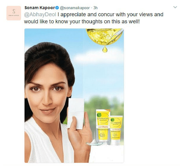 Sonam Kapoor deletes her tweets to Abhay Deol on the issue.