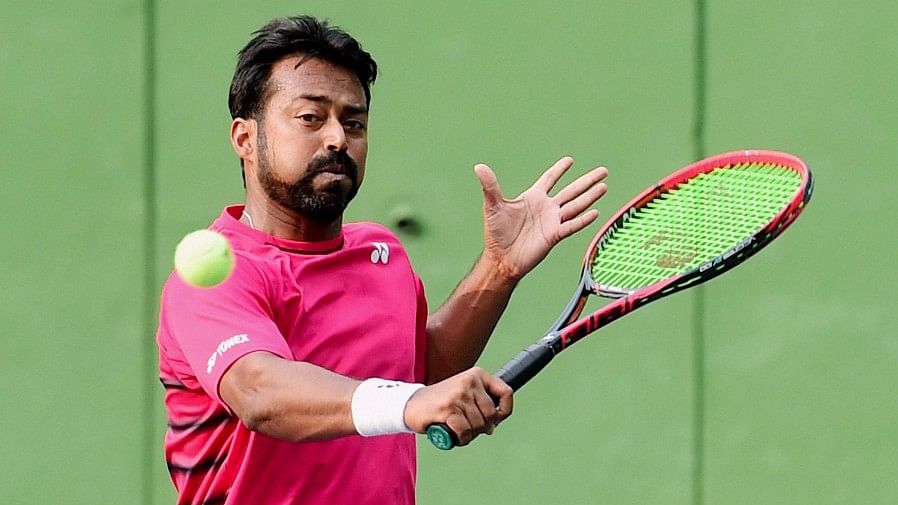 Leander Paes during a practice session ahead of the Davis Cup tie against Uzbekistan in Bengaluru on Wednesday. (Photo: PTI)&nbsp;