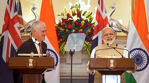 Prime Minister Narendra Modi (right), makes a statement after signing of agreement as his Australian counterpart Malcolm Turnbull (left) watches in New Delhi on 10 April 2017.(Photo Courtesy: Manish Swarup)<a></a>