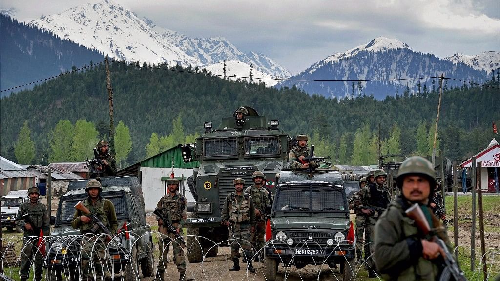 Army personnel guard camp in Jammu and Kashmir’s Kupwara on Thursday. (Photo: PTI)