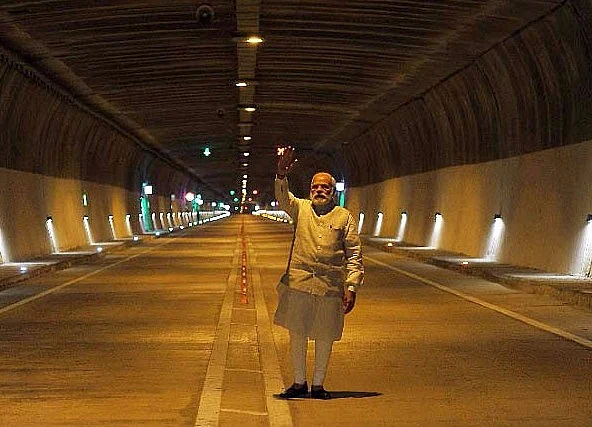 Prime Minister Narendra Modi inside the tunnel. (Photo: IANS)