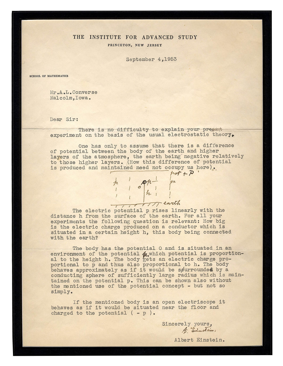 Einstein penned the letter in reply to a two-page questionnaire sent by Arthur Converse, a science teacher.