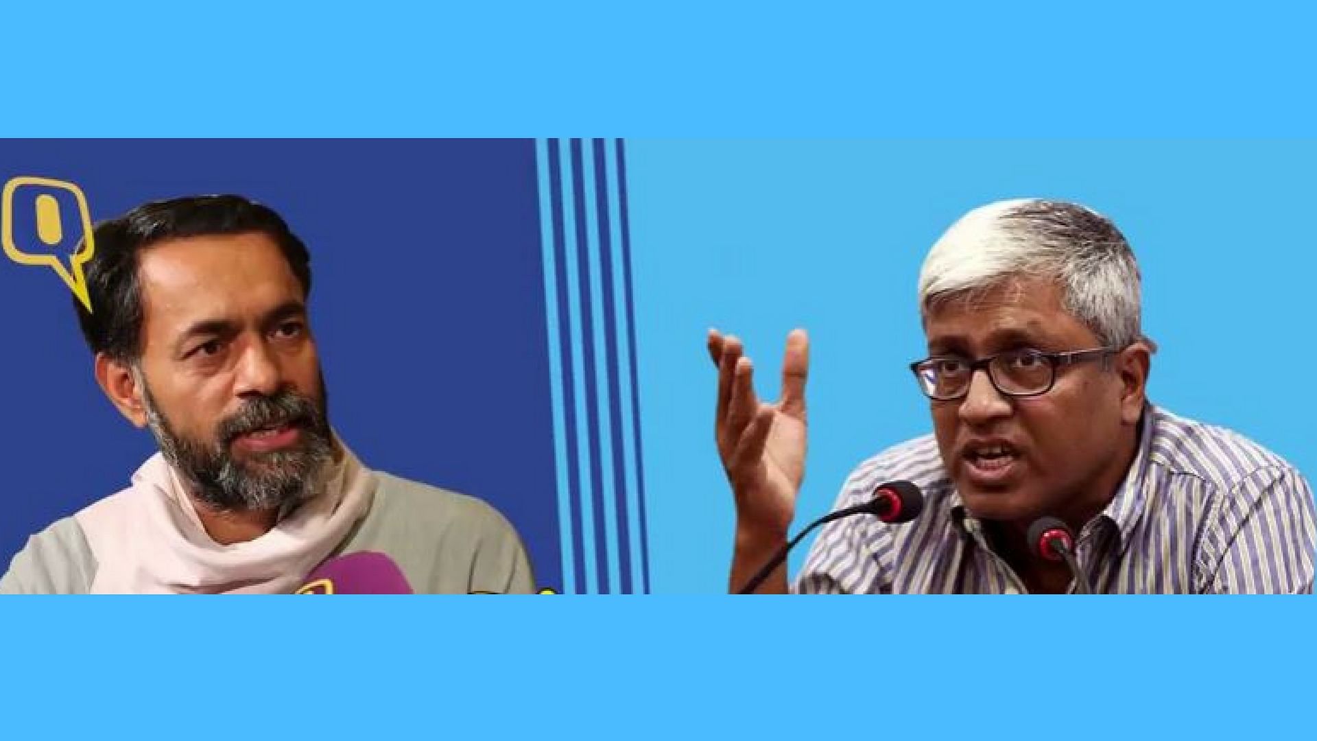 Swaraj India leader Yogendra Yadav (L) and AAP leader Ashutosh. (Photo: Altered by <b>The Quint</b>)