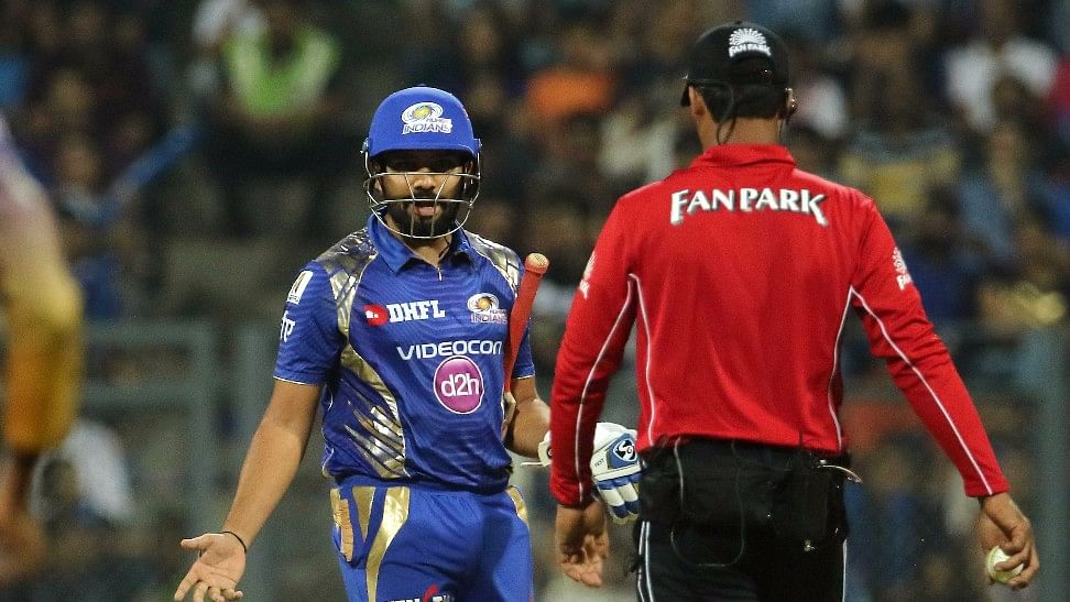 Rohit Sharma walks towards the umpire after being given wrongly out. (Photo: BCCI)