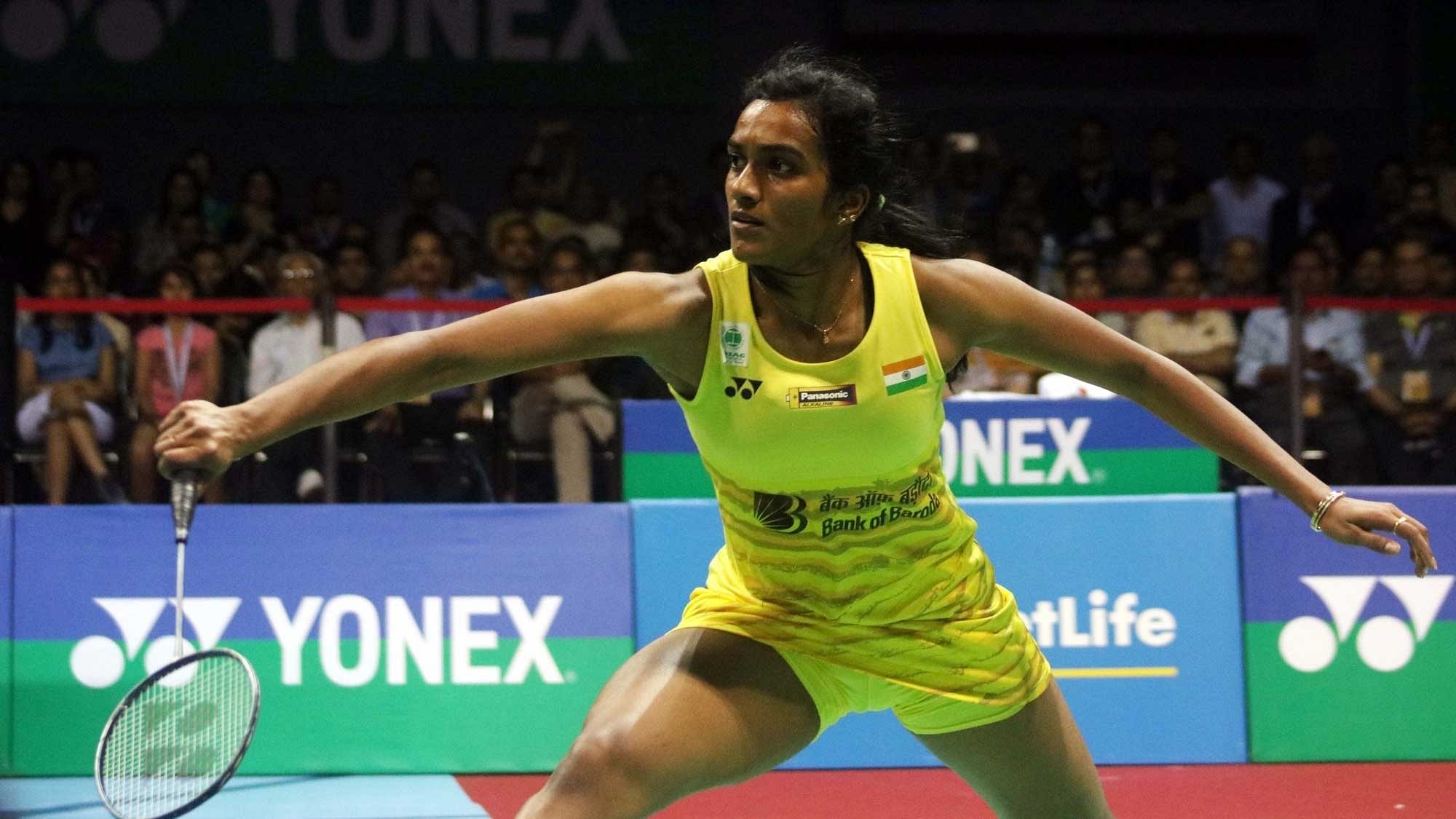 Sindhu plays for a point during the India Open Super Series final.&nbsp;