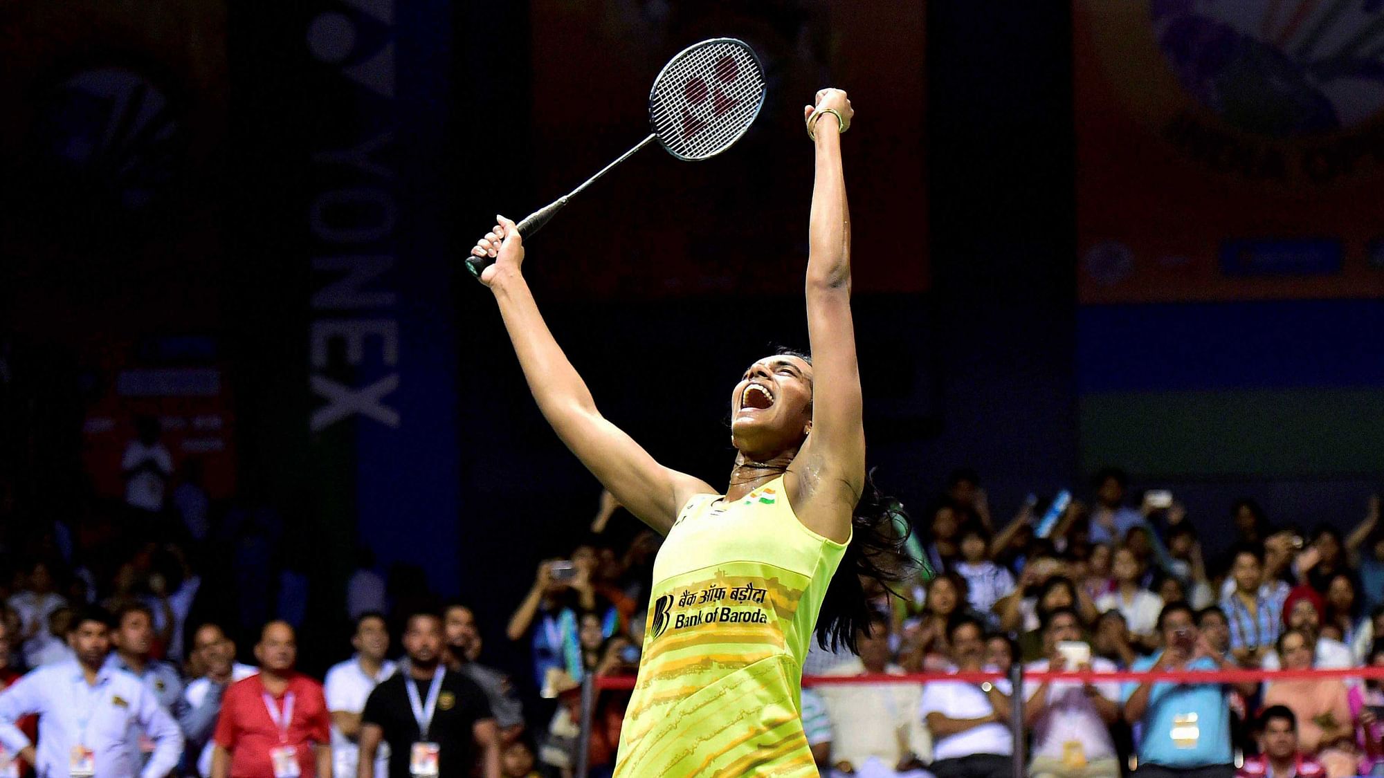 PV Sindhu celebrates after winning the India Open final. (Photo: PTI)