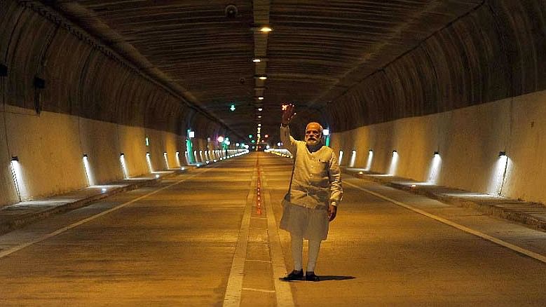 Narendra Modi inside the Chenani-Nashri tunnel (Photo: IANS)
