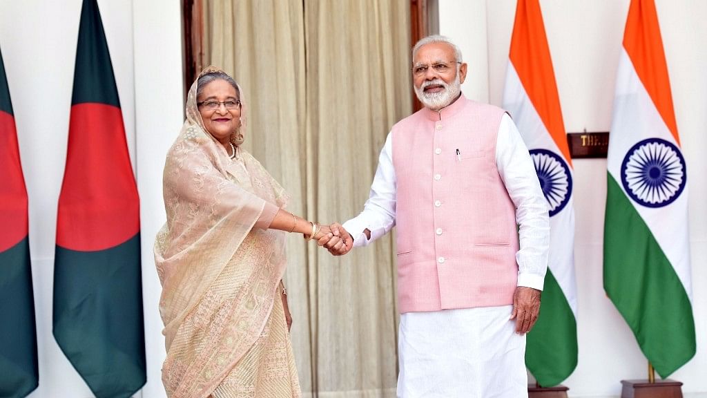 Prime Minister Narendra Modi with Prime Minister of Bangladesh Sheikh Hasina, at Hyderabad House, in New Delhi on Saturday. (Photo Courtesy: IANS)
