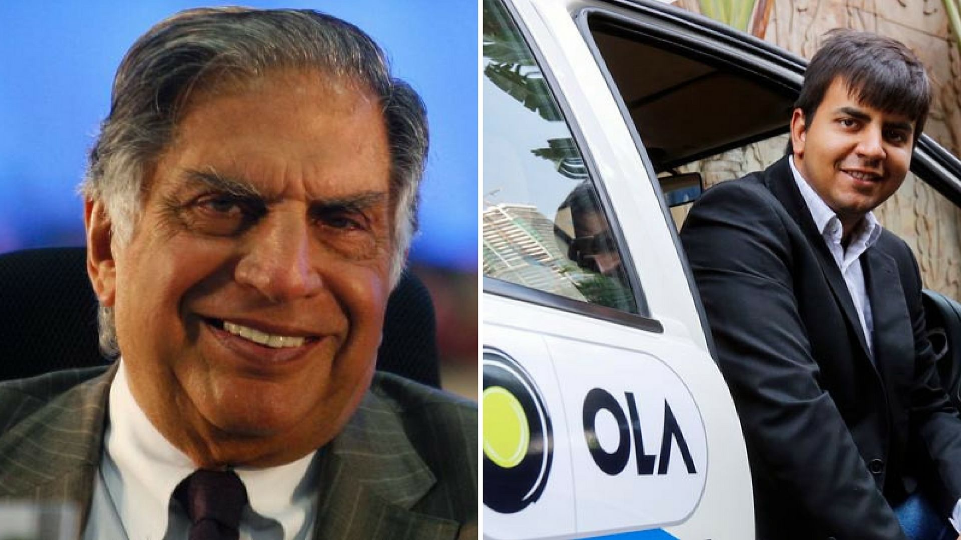 Ratan Tata and Ola founder Bhavish Aggarwal. (Photo: Altered by <b>The Quint</b>)