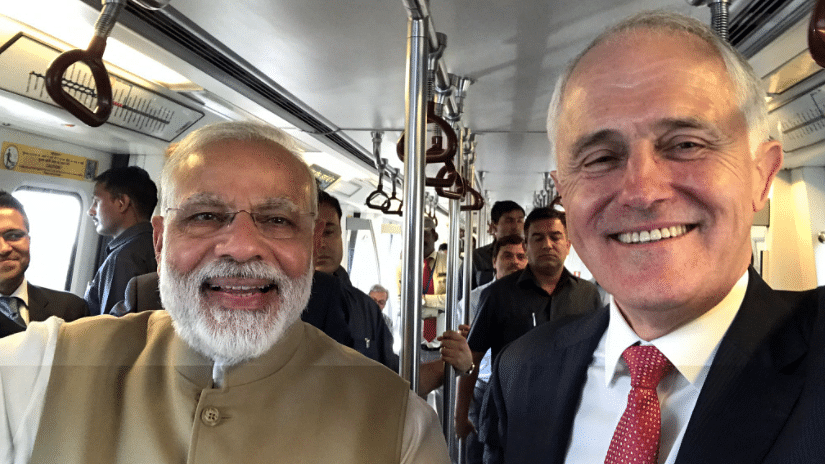 PM Narendra Modi with his Australian counter Malcolm Turnbull on the Blue Line of Delhi Metro. (Photo courtesy: Twitter/<a href="https://twitter.com/TurnbullMalcolm/status/851384879694528513">@TurnbullMalcolm</a>)