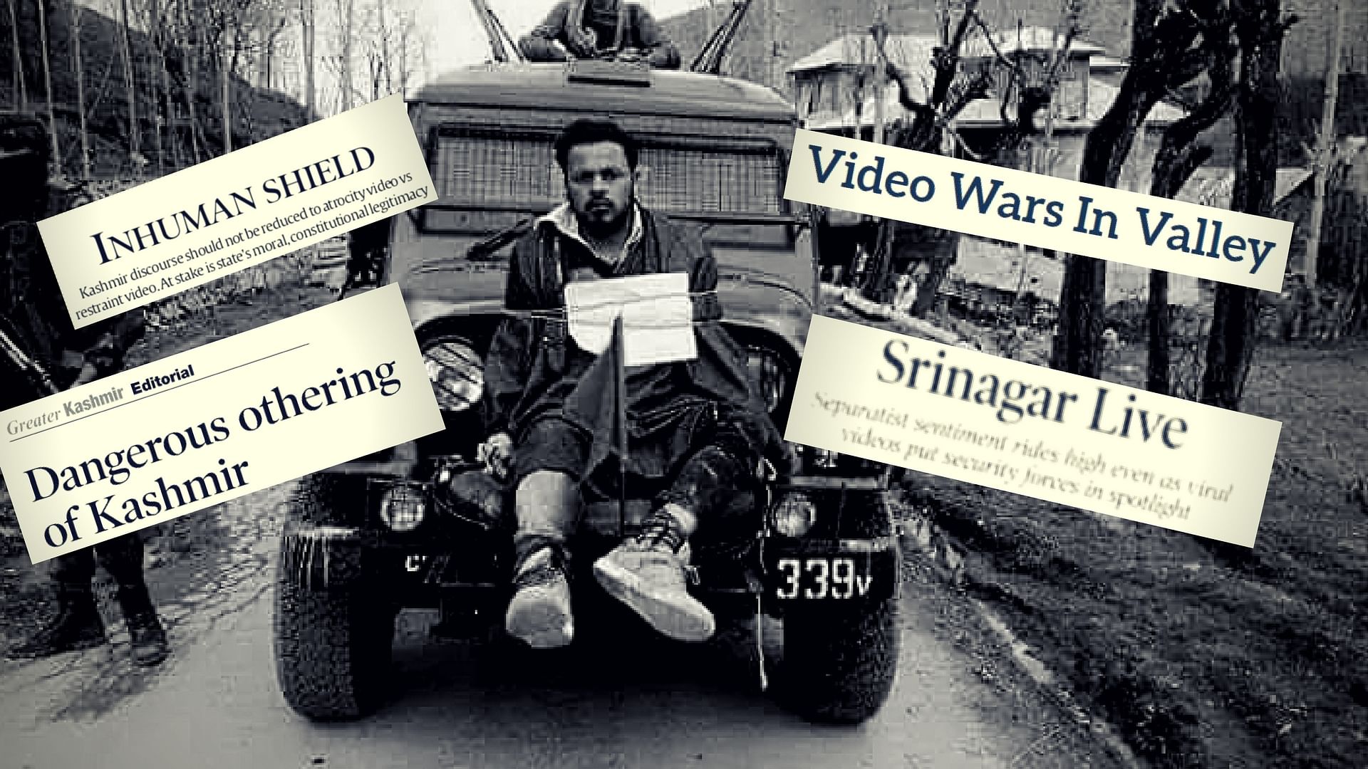 Thirty six-year-old Farooq Dar was tied to a jeep allegedly as a human shield against stone-pelters during polling in the Srinagar Lok Sabha by-election. (Photo: Altered by <b>The Quint</b>)