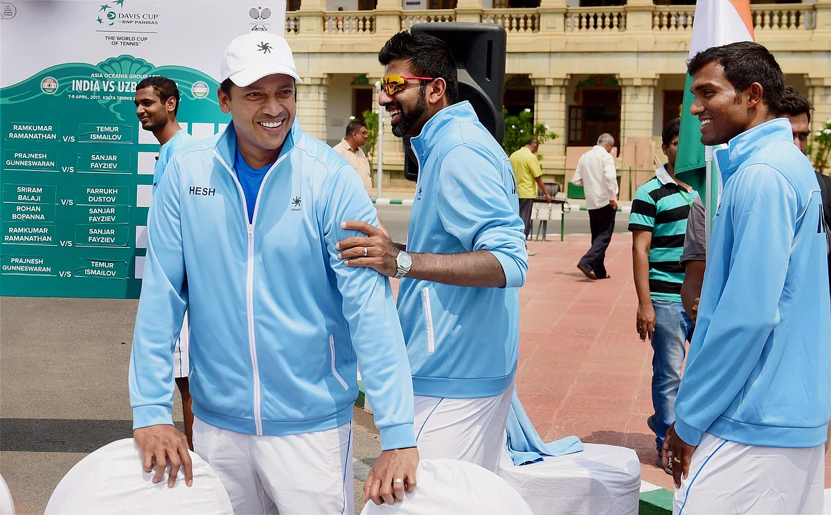 Non-playing captain Mahesh Bhupathi with Indian Davis Cup team members Rohan Bopanna, Ramkumar Ramanathan and Sriram Balaji at the draw ceremony for the tie against Uzbekistan, in Bengaluru on Thursday. (Photo: PTI)