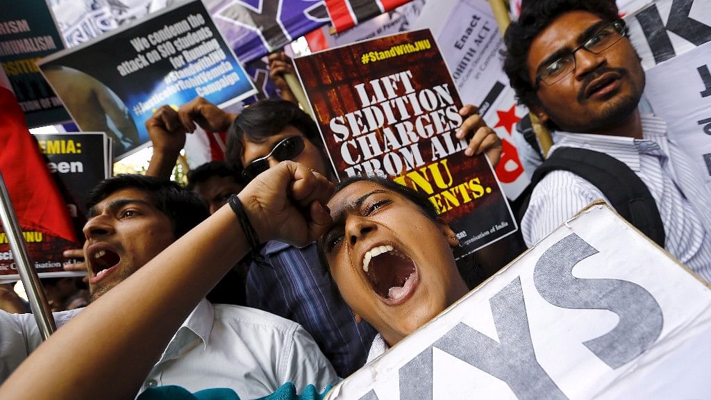 Demonstrators shout slogans as they hold placards during a protest demanding the release of Kanhaiya Kumar, a JNU student union leader accused of sedition, in New Delhi, on 2 March  2016. Image used for representation purpose.