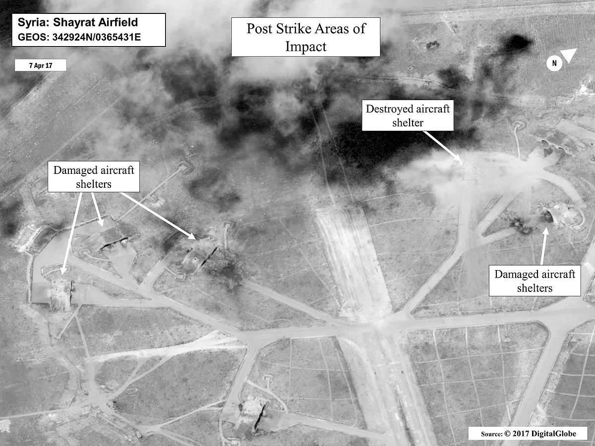 This satellite image released by the US Department of Defense shows a damage assessment image of Shayrat air base in Syria, following US Tomahawk Land Attack Missile strikes. (Photo: AP)