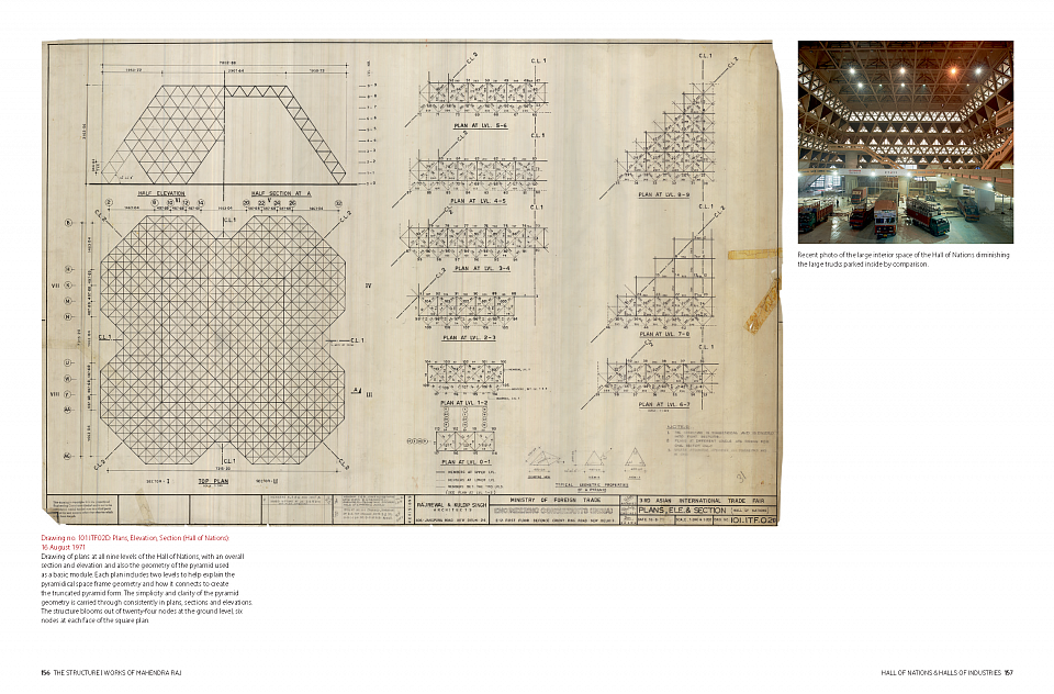 Plans, Elevation, Section (Hall of Nations) dated 16 August 1971. (Photo: Copyright Mahendra Raj Archive via <a href="https://architexturez.net/doc/az-cf-123722">Architexturez.net</a>)