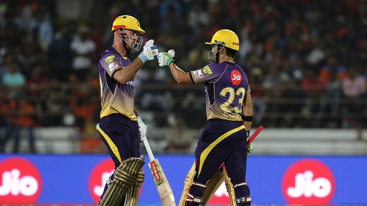 Chris Lynn and Gautam Gambhir during match 3 of the Vivo 2017 Indian Premier League between the Gujarat Lions and the Kolkata Knight Riders. (Photo: BCCI)
