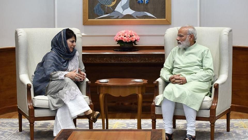 Prime Minister Narendra Modi and Chief Minister of Jammu and Kashmir Mehbooba Mufti during a meeting in New Delhi on Monday. (Photo Courtesy: PTI)