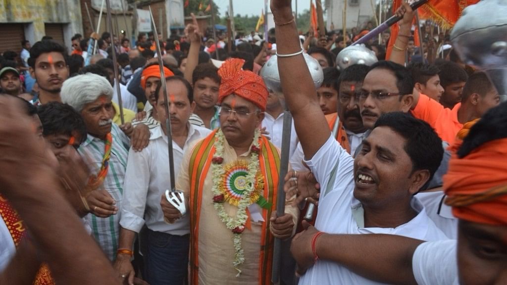 West Bengal BJP President Dilip Ghosh leads a Ram Navmi procession holding a sword in Kharagpur. (Photo Courtsey: IANS)