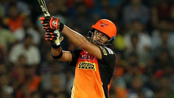 Yuvraj Singh plays a shot during IPL 2017’s first match between Sunrisers Hyderabad and Royal Challengers Bangalore. (Photo: BCCI)