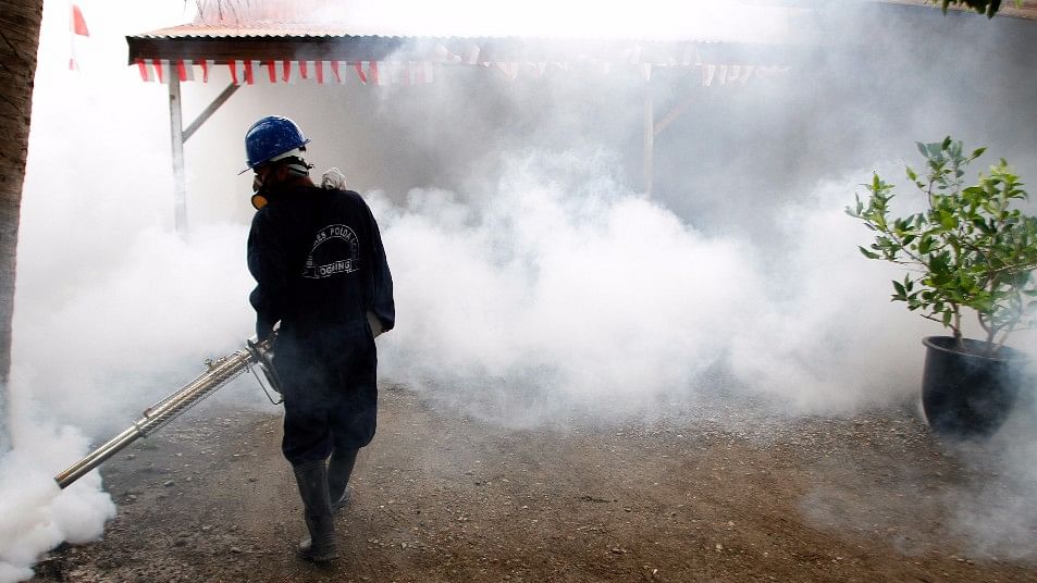  A government employee makes fog to prevent the spreading of the Dengue Fever and Zika virus by mosquitoes in Indonesia in 2016. (Photo: IANS)