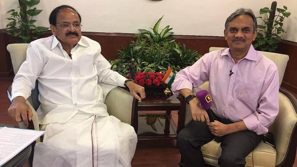 “If all opposition parties forge a united front, it will be easier for the BJP,” Venkaiah Naidu said in an exclusive interview to <b>The Quint</b>’s Editorial Director Sanjay Pugalia. (Photo: <b>The Quint</b>)
