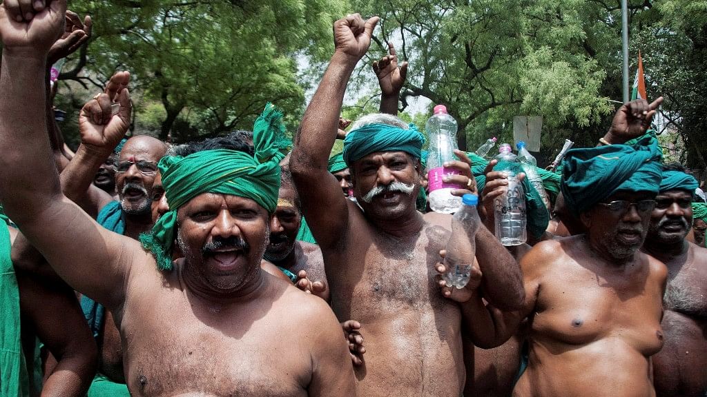 Tamil Nadu farmers during a protest demanding waiver of farmers’ loans and drought-relief funds, at Jantar Mantar in New Delhi. (Photo: PTI)