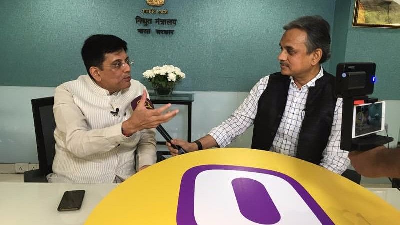  Power Minister Piyush Goyal in conversation with <b>The Quint</b>’s<b> </b>Editorial Director Sanjay Pugalia. (Photo: <b>The Quint</b>)