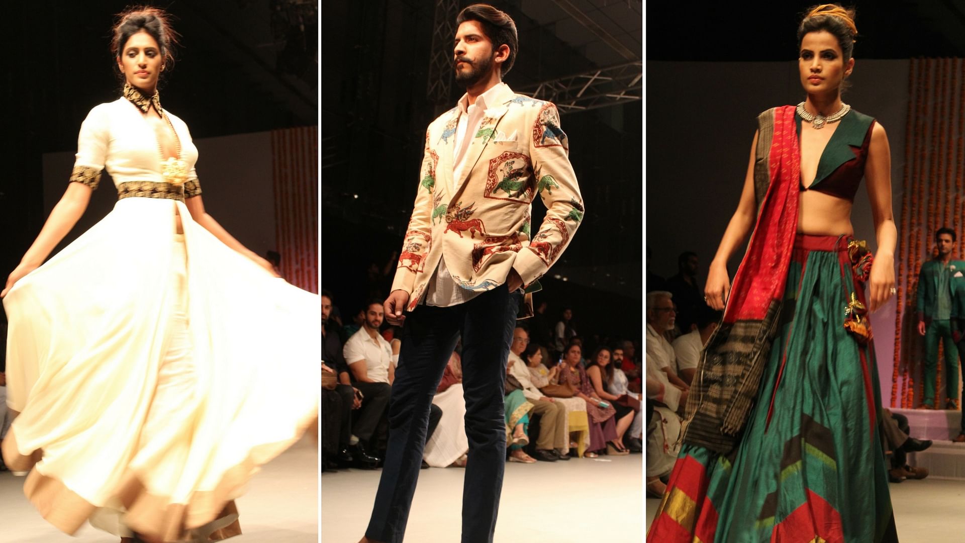 From evening jackets for men with Kalamkari motifs to lehenga ensembles in solid colours, Kummar’s garments were a visually pleasing tribute to the Indian textile artisan. (Photo Courtesy: India Runway Week)