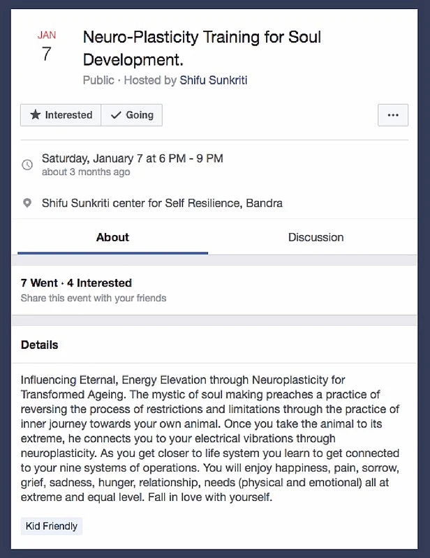 Description of a Facebook event hosted by Shifu Sunkriti. (Photo: <a href="https://www.facebook.com/events/1774766562849122/?active_tab=about">Facebook/Shifu Sunkriti</a>) 
