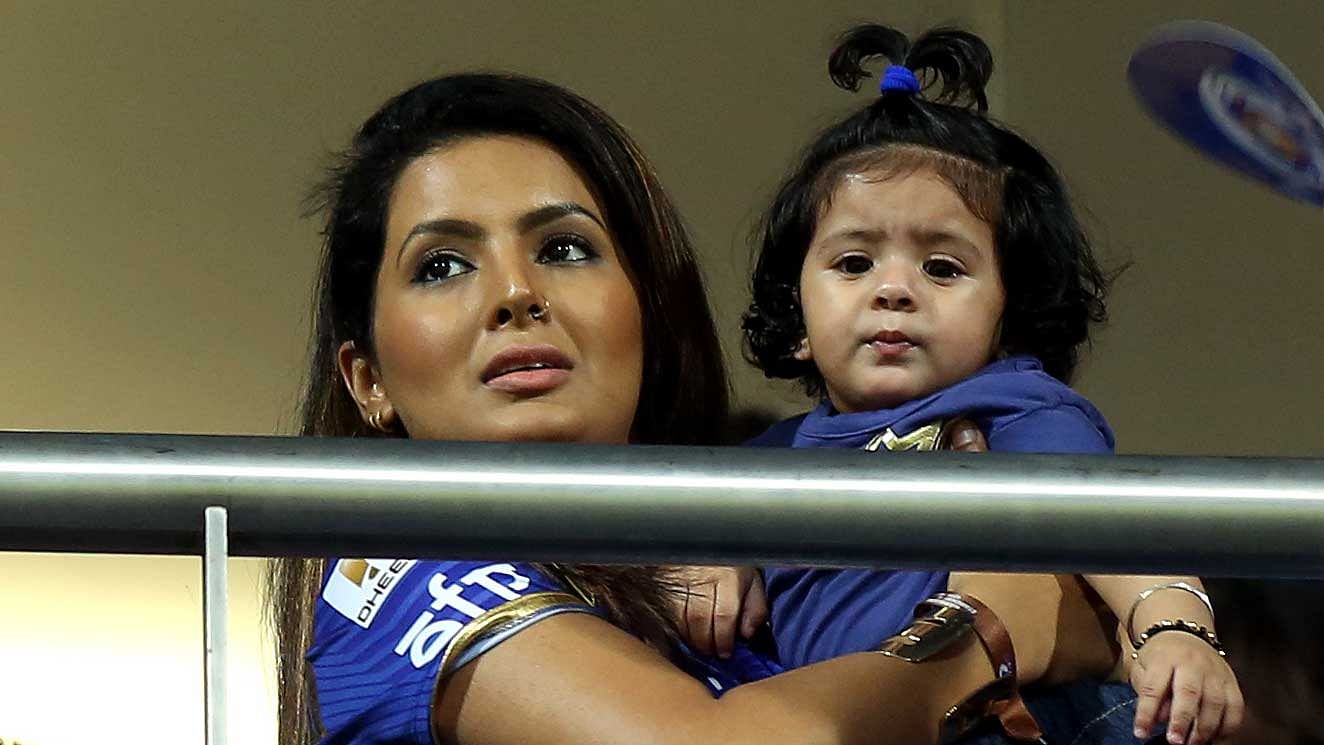 Harbhajan Singh’s wife Geeta Basra and daughter Hinaya at Mumbai Indians’ home game against Sunrisers Hyderabad. (Photo: BCCI)