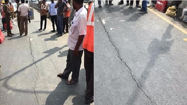 Cracks were noticed on the Anna Salai road, near Gemini bridge. (Photo Courtesy:The News Minute)