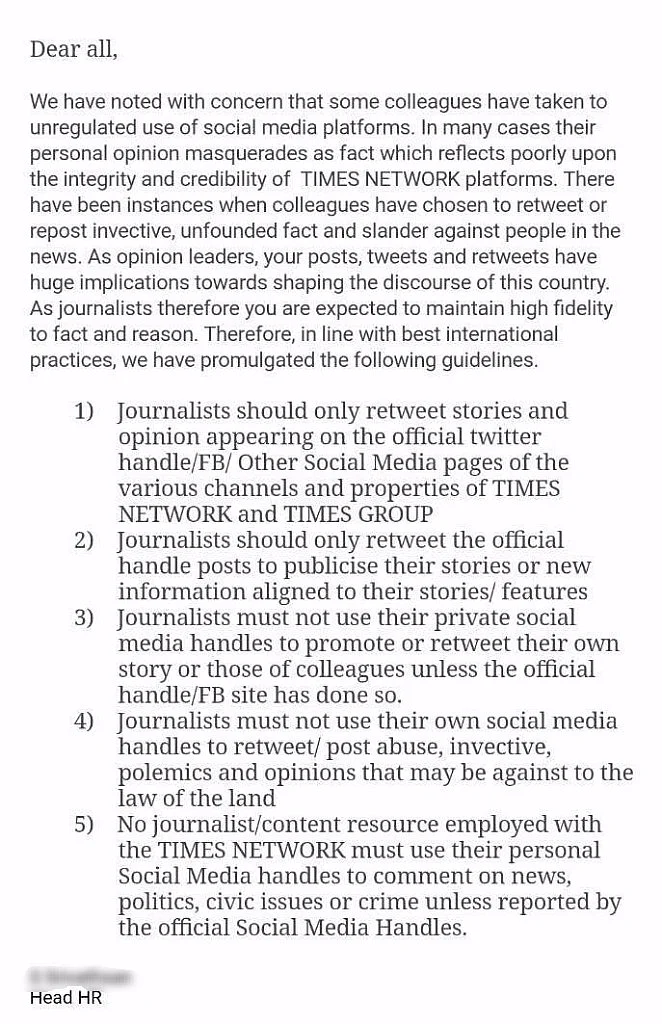 Times Network’s Diktat to Control Journos’ Social Media Activity