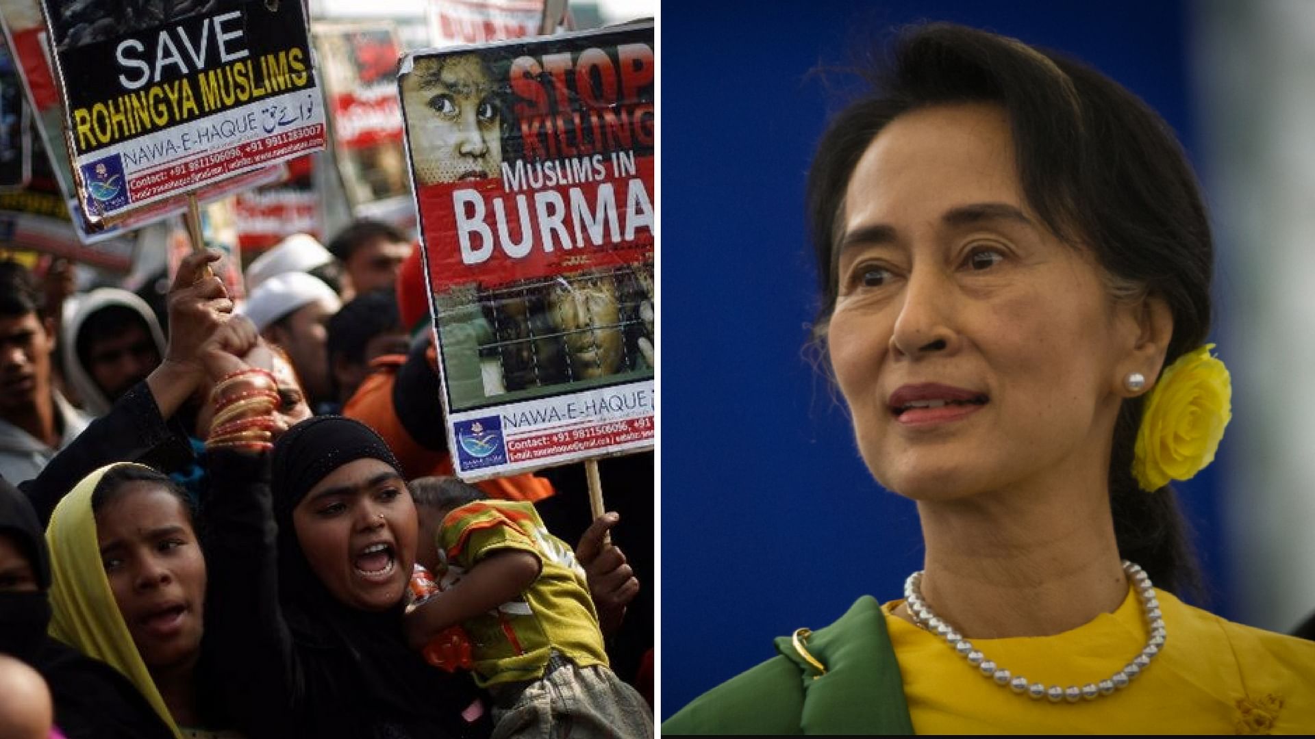 Rohingya Muslims protesting in Myanmar. (Right) Aung San Suu Kyi, State Counsellor of Myanmar. (Photo: Reuters/Wikimedia Commons/Altered by<b> The Quint</b>)